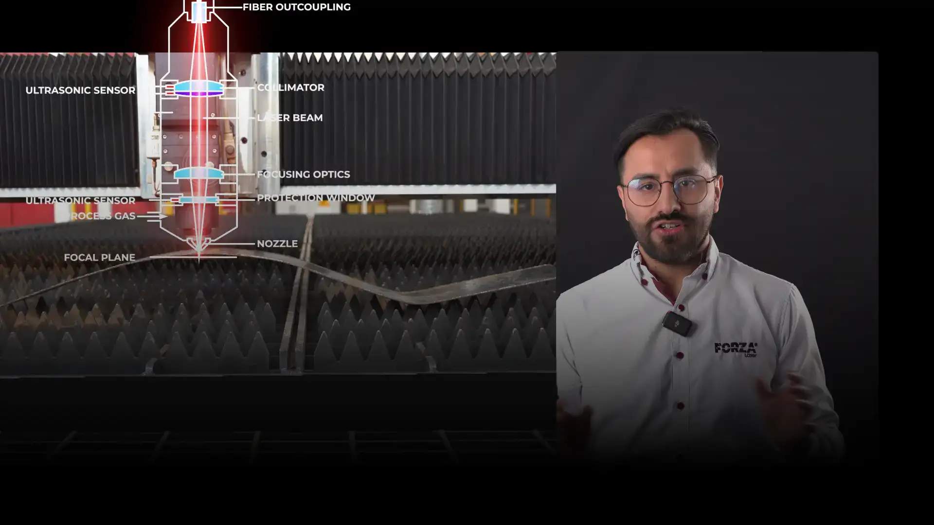 Especialista FORZA explicando el funcionamiento del cabezal de corte láser mediante un esquema técnico detallado.