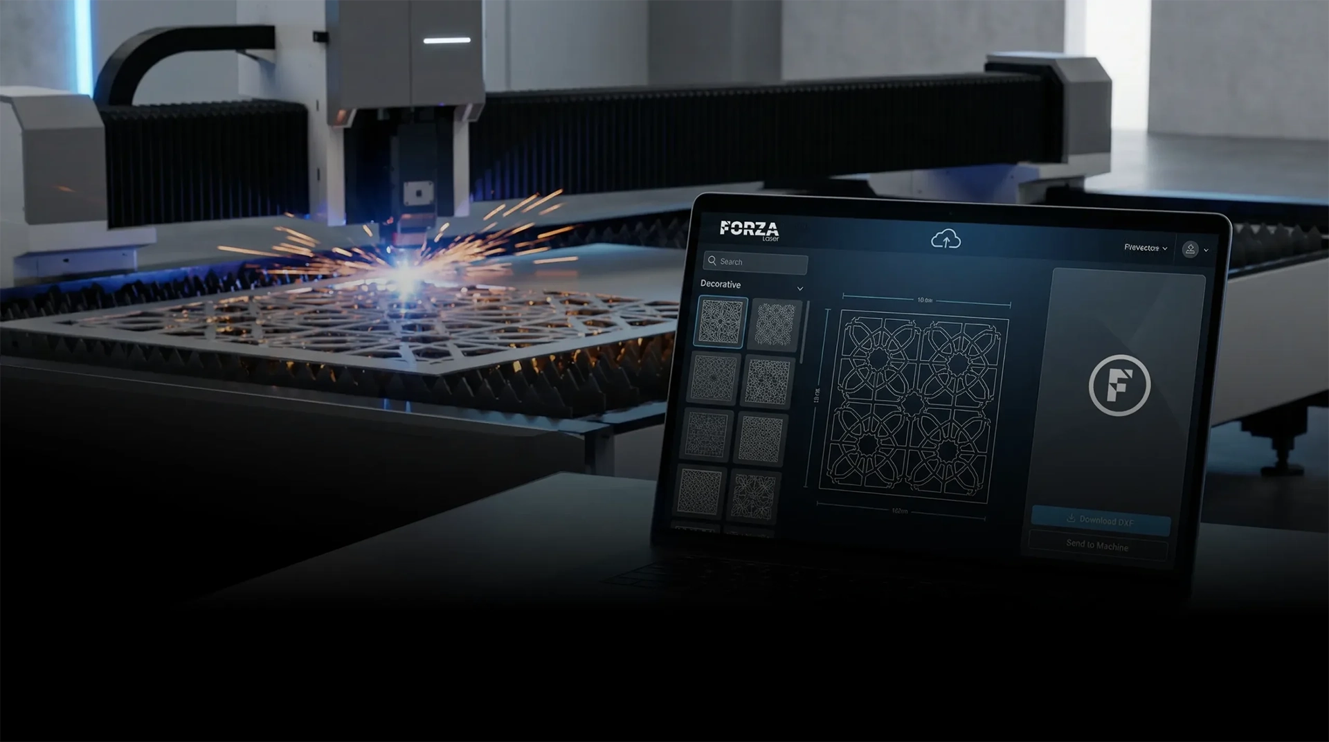 Plataforma FORZA Vectors mostrando diseños listos para enviar a la máquina de corte láser.